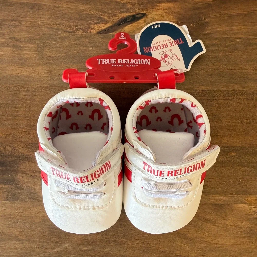 True Religion Baby Soft Sole Crib Shoes Size 2 White Red Hook & Loop NWT